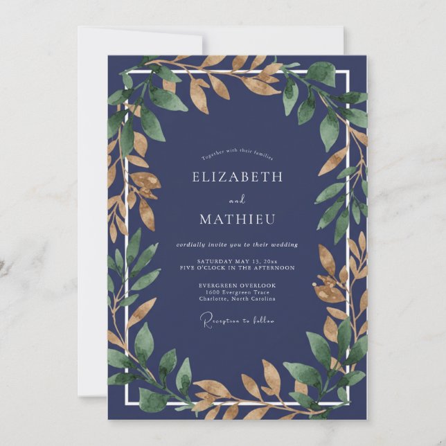 Convites Casamento de Eucalipto com Folhagem Dourada Safira (Frente)
