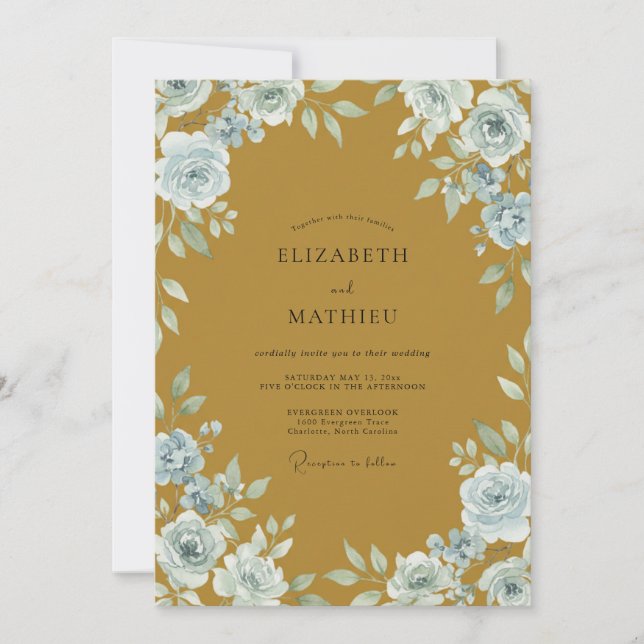 Convites Casamento de Eucalipto com Folhagem em Aço Azul e  (Frente)