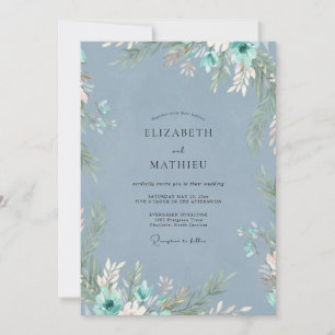 Convites Casamento de Eucalipto com Folhagem em Teal Aço