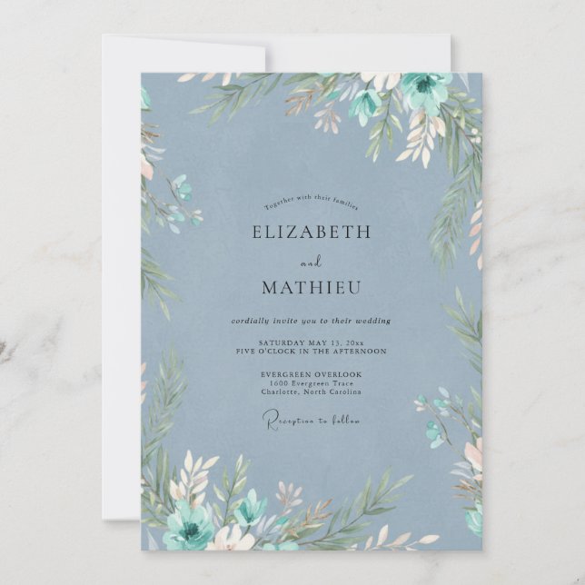 Convites Casamento de Eucalipto com Folhagem em Teal Aço (Frente)