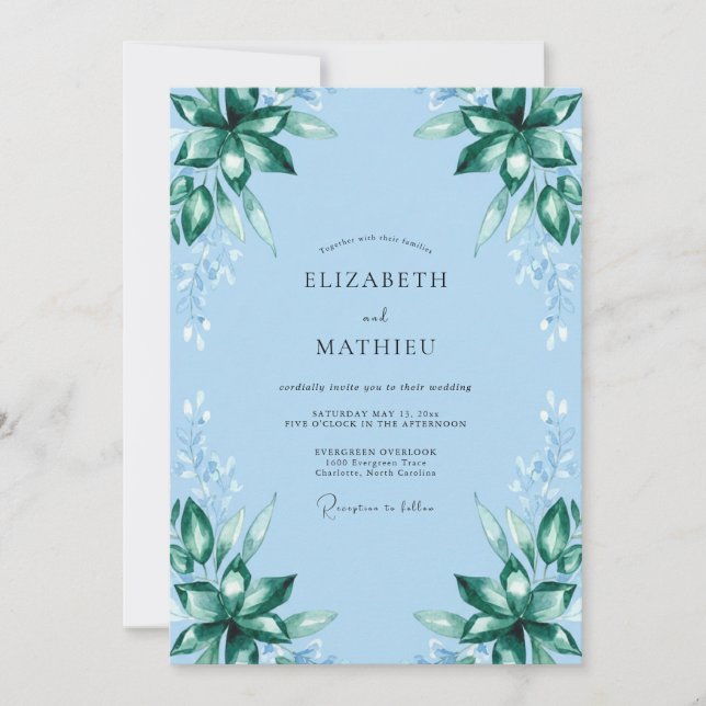 Convites Casamento de Eucalipto com Folhagem Esmeralda Azur (Frente)