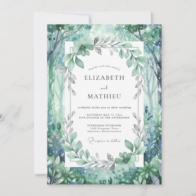 Convites Casamento de Eucalipto com Folhagem Florestal Azul (Frente)