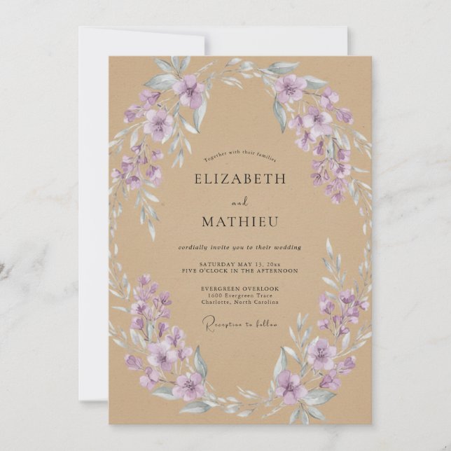 Convites Casamento de Eucalipto com Folhagem Lavanda Bege (Frente)