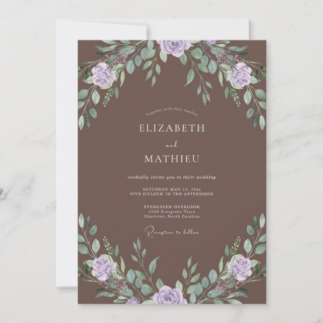 Convites Casamento de Eucalipto com Folhagem Lavanda Mocha (Frente)