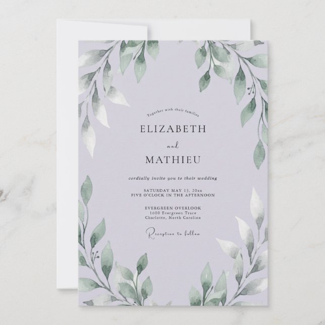 Convites Casamento de Eucalipto com Folhagem Lavanda Pálida (Frente)