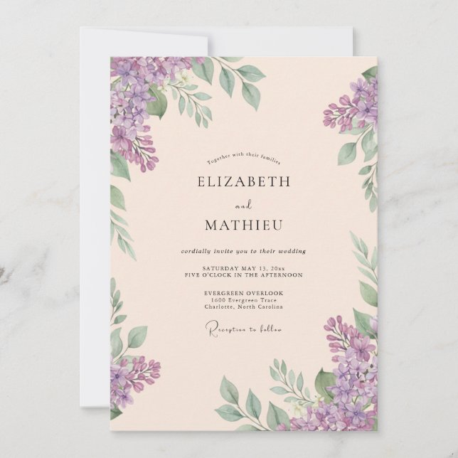 Convites Casamento de Eucalipto com Folhagem Lilás Champanh (Frente)