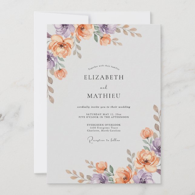 Convites Casamento de Eucalipto com Folhagem Lilás Dourada (Frente)