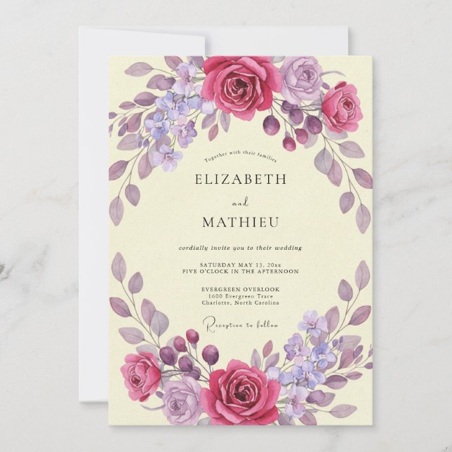 Convites Casamento de Eucalipto com Folhagem Lilás Magenta (Frente)