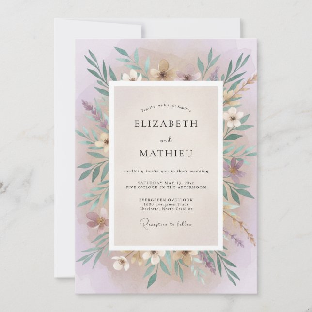 Convites Casamento de Eucalipto com Folhagem Lilás Malva (Frente)