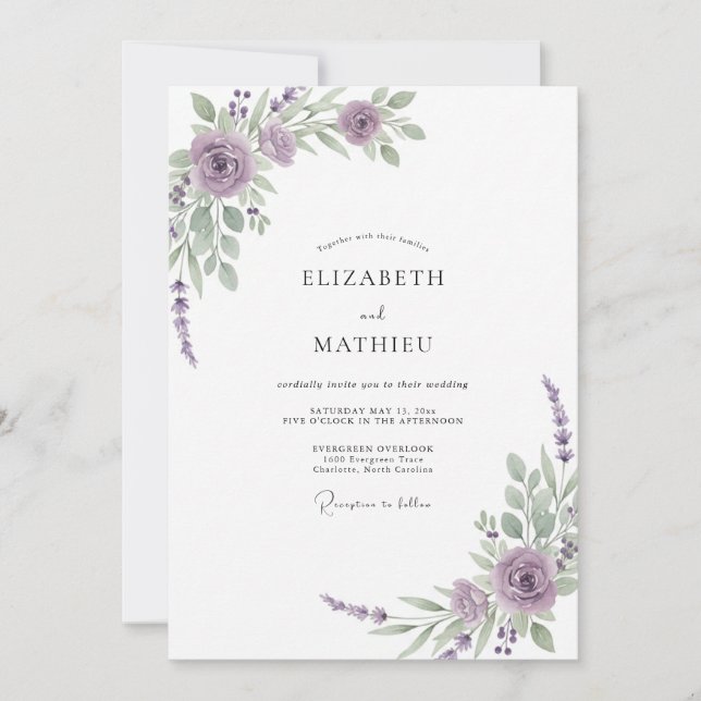 Convites Casamento de Eucalipto com Folhagem Lilás Violeta (Frente)