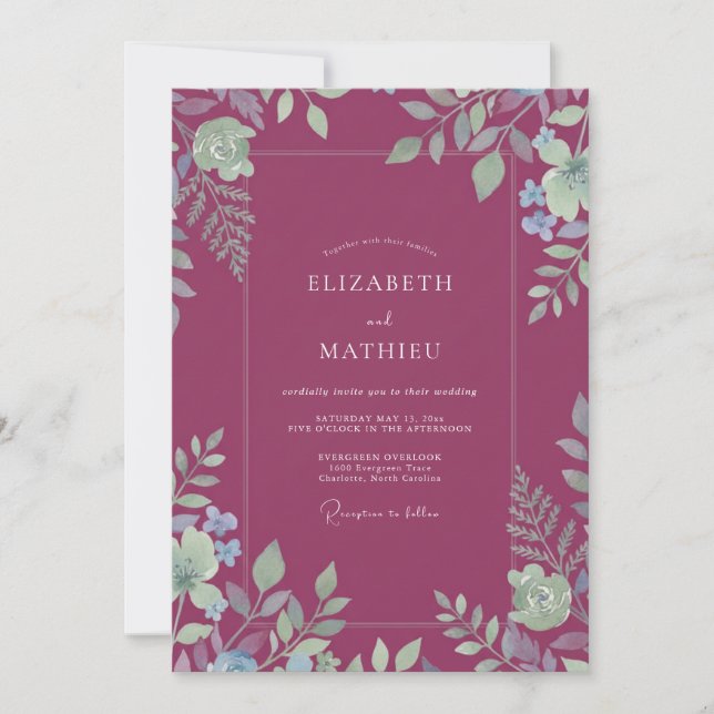 Convites Casamento de Eucalipto com Folhagem Magenta (Frente)