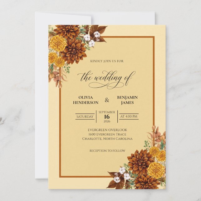 Convites Casamento de Eucalipto com Folhagem Outonal Ocre (Frente)