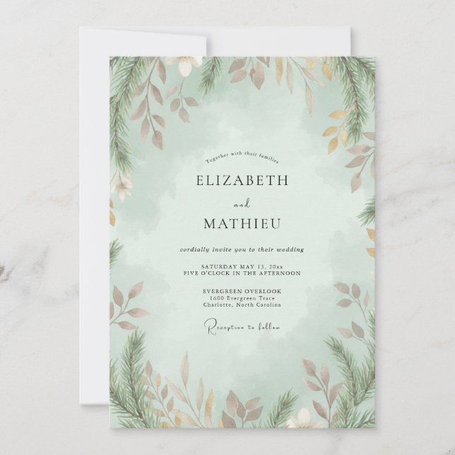 Convites Casamento de Eucalipto com Folhagem Rosa Malva e E (Frente)