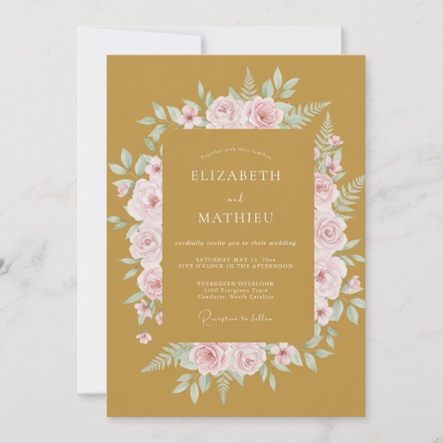 Convites Casamento de Eucalipto com Folhagem Rosa Mostarda (Frente)
