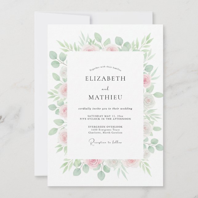 Convites Casamento de Eucalipto com Folhagem Rosa Pálido (Frente)