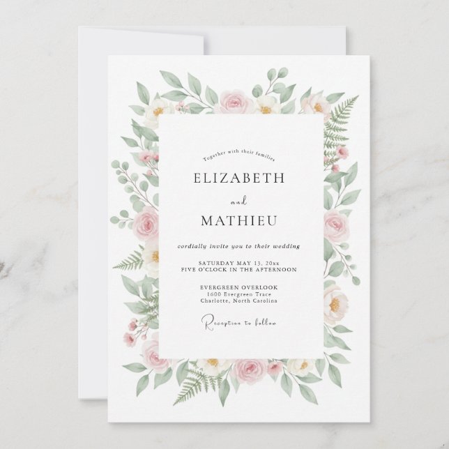 Convites Casamento de Eucalipto com Folhagem Rosa Pastel (Frente)