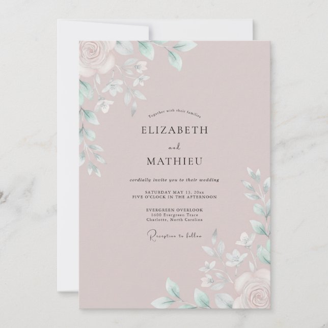 Convites Casamento de Eucalipto com Folhagem Rosa Poeira (Frente)