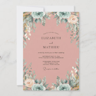 Convites Casamento de Eucalipto com Folhagem Rosa Poeira Az