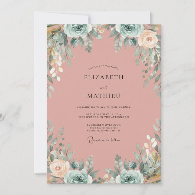 Convites Casamento de Eucalipto com Folhagem Rosa Poeira Az (Frente)