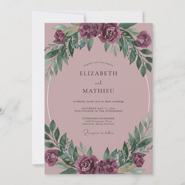 Convites Casamento de Eucalipto com Folhagem Rosa Poeira de (Frente)