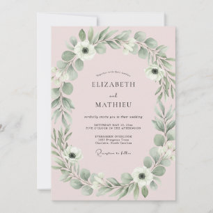 Convites Casamento de Eucalipto com Folhagem Rosa Suave