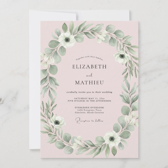 Convites Casamento de Eucalipto com Folhagem Rosa Suave (Frente)