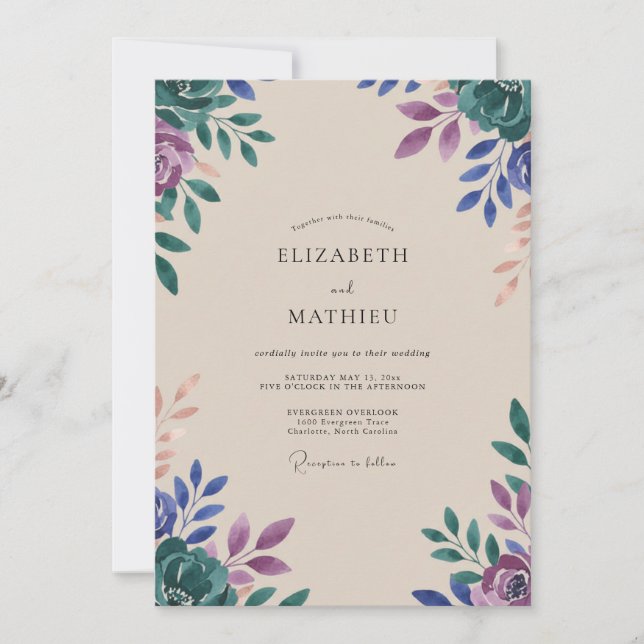 Convites Casamento de Eucalipto com Folhagem Roxa Azul (Frente)