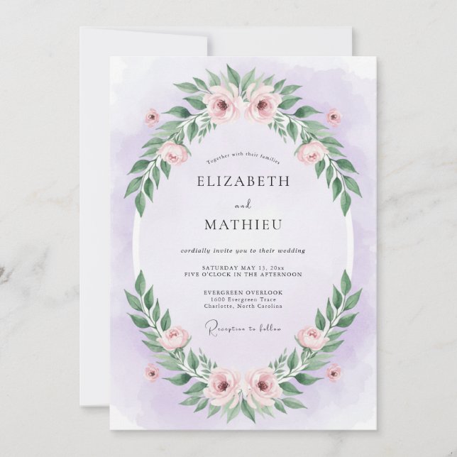 Convites Casamento de Eucalipto com Folhagem Roxa Pastel (Frente)