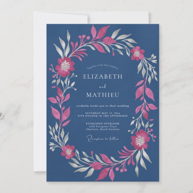 Convites Casamento de Eucalipto com Folhagem Slate Fuchsia (Frente)