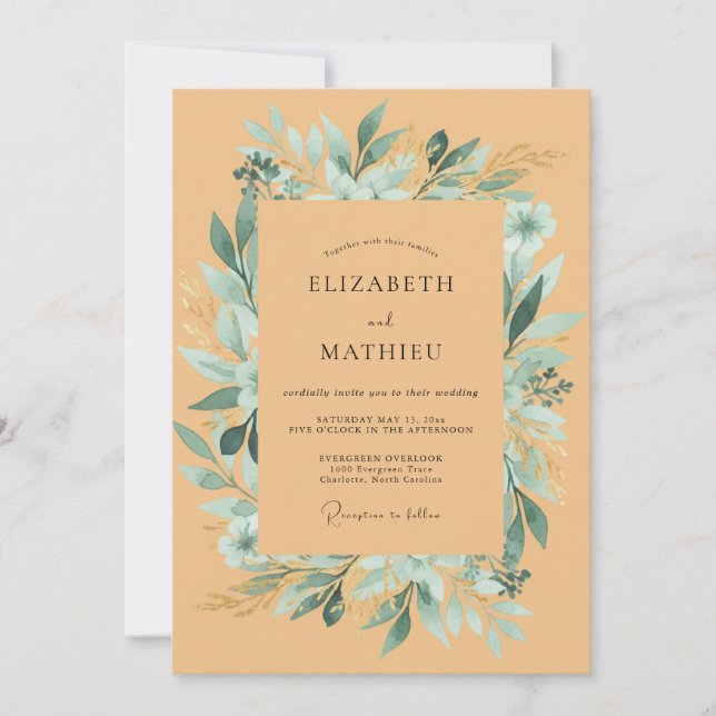 Convites Casamento de Eucalipto com Folhagem Teal e Damasco (Frente)