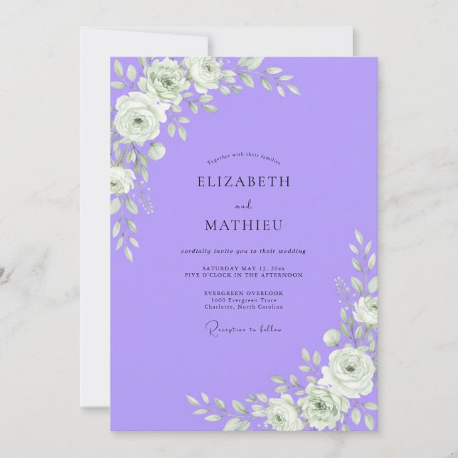 Convites Casamento de Eucalipto com Folhagem Violeta Branca (Frente)