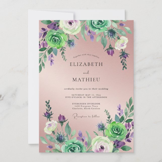 Convites Casamento de Eucalipto com Folhagem Violeta Malva (Frente)