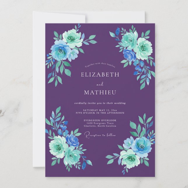 Convites Casamento de Eucalipto com Folhagem Violeta Teal (Frente)