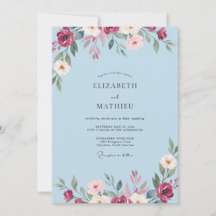 Convites Casamento de Eucalipto com Folhas em Azul Pó de Bo