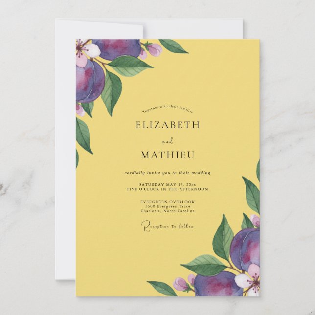 Convites Casamento de Eucalipto com Fruta Ameixa Amarela (Frente)
