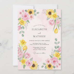 Convites Casamento de Eucalipto com Girassol Rosa Pálido