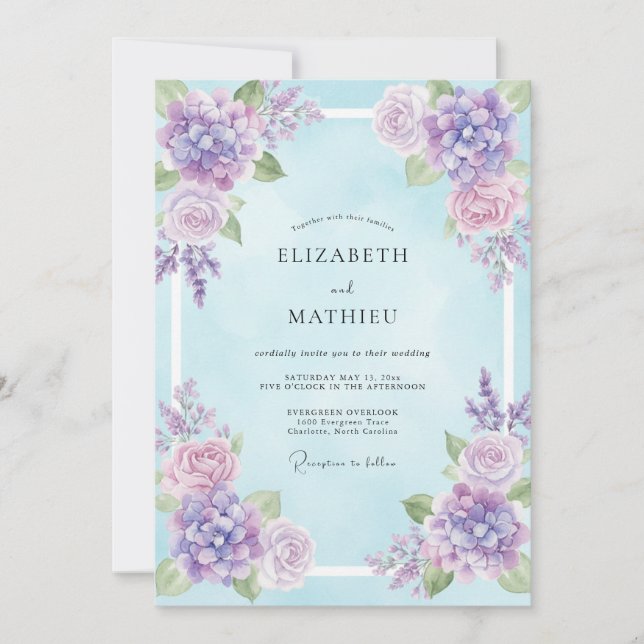 Convites Casamento de Eucalipto com o Céu de Hortênsia Viol (Frente)