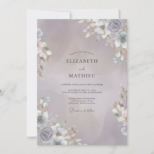 Convites Casamento de Eucalipto com Ramalhete de Prata Rosa (Frente)