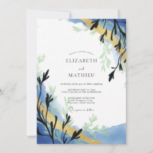 Convites Casamento de Eucalipto com Ramalhete Dourado e Azu