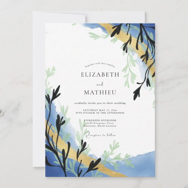 Convites Casamento de Eucalipto com Ramalhete Dourado e Azu (Frente)