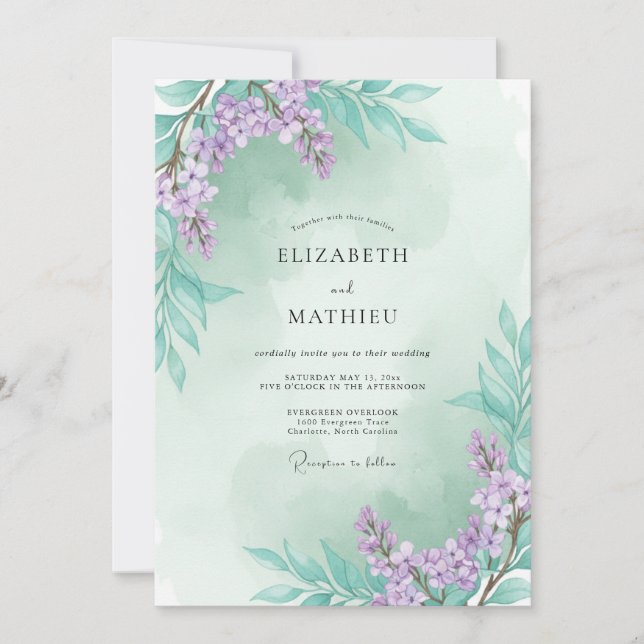 Convites Casamento de Eucalipto com Ramalhete Lilás Espuma  (Frente)