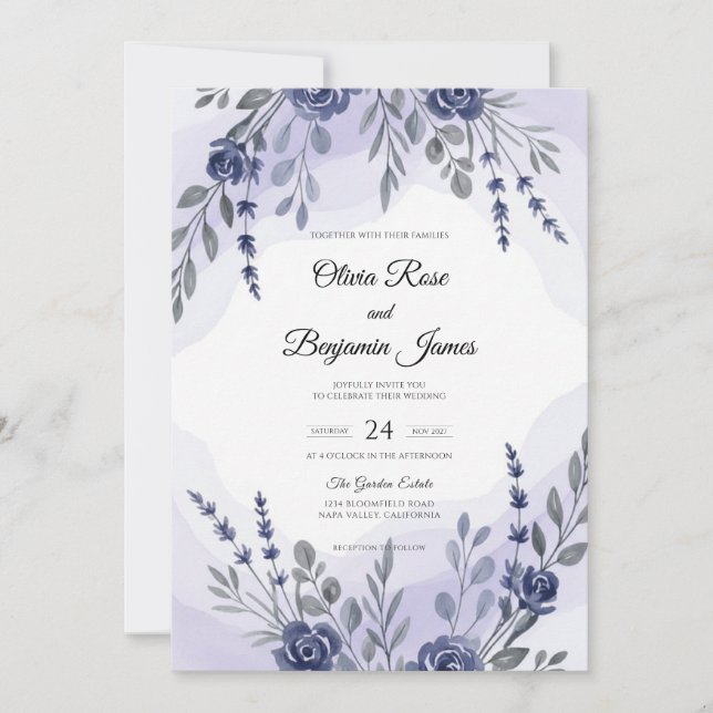 Convites Casamento de Eucalipto com Ramalhete Violeta e Vio (Frente)