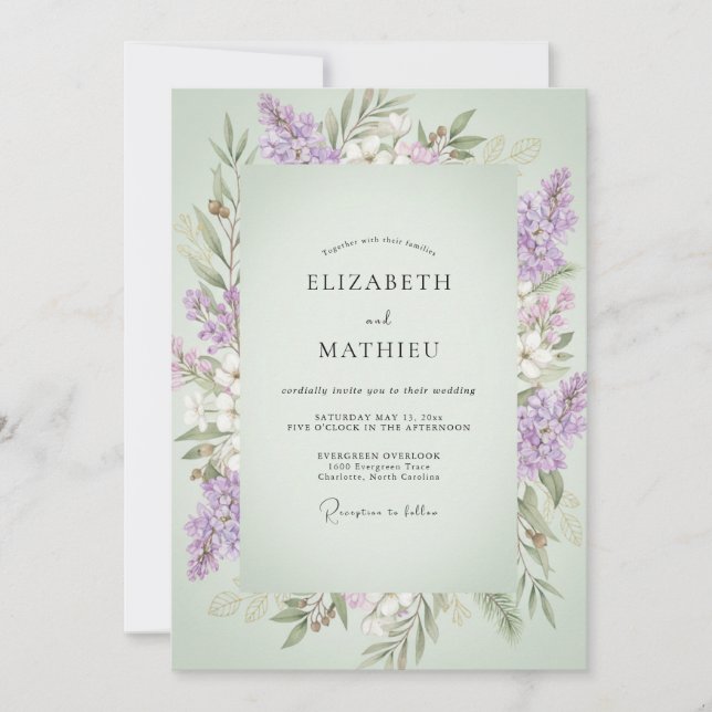 Convites Casamento de Eucalipto com Ramalhete Violeta Pistá (Frente)