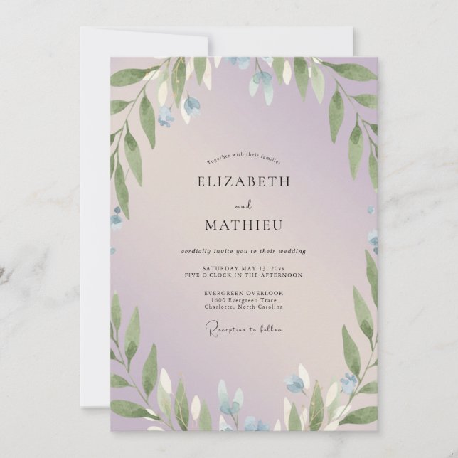 Convites Casamento de Eucalipto com Ramo de Periwinkle (Frente)