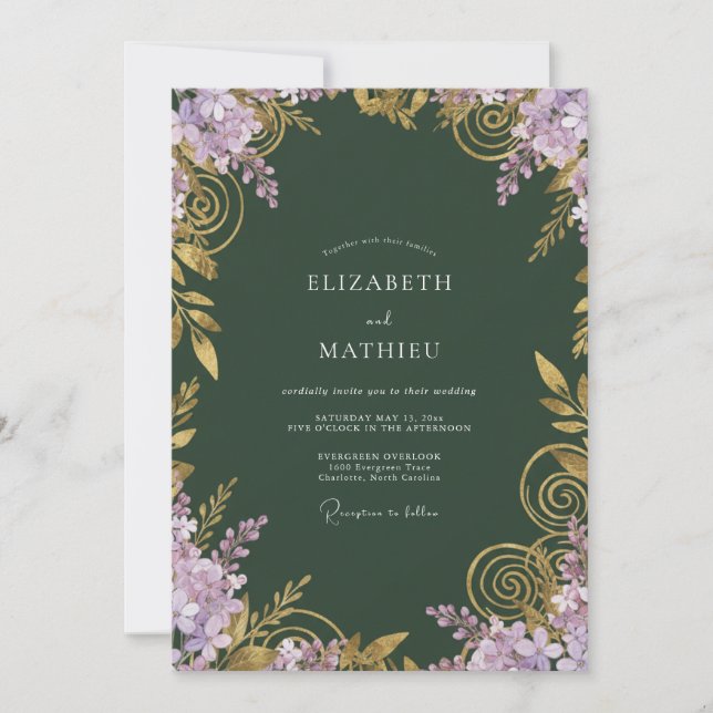 Convites Casamento de Eucalipto com Renda de Lavanda Flores (Frente)