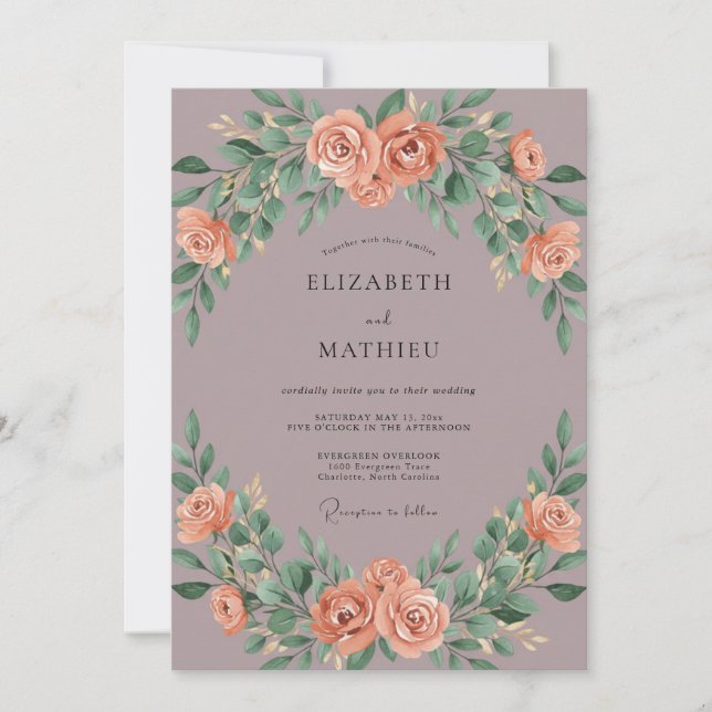 Convites Casamento de Eucalipto Coral Rosa (Frente)