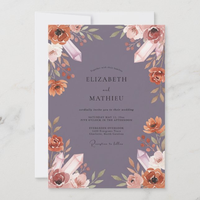 Convites Casamento de Eucalipto Cristal Roxo Empoeirado (Frente)