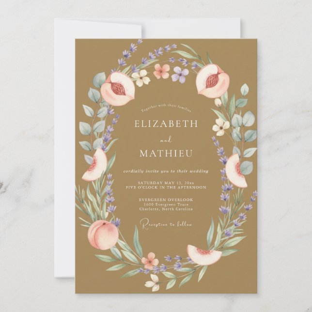Convites Casamento de Eucalipto de Fruta Pêssego Dourado (Frente)