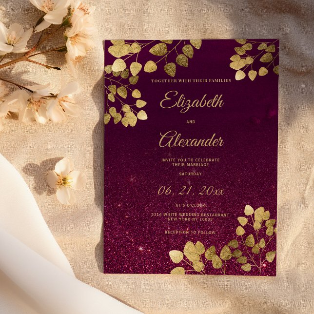 Convites Casamento de eucalipto dourado com brilho burgundy (Classic burgundy glitter gold eucalyptus Wedding)
