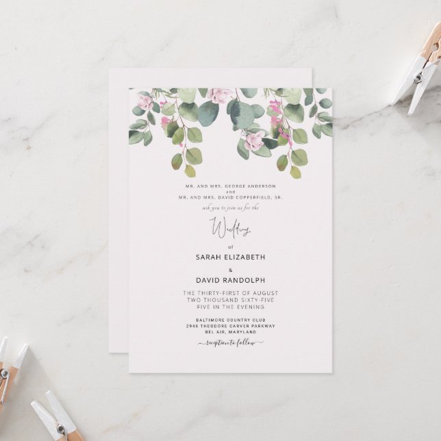 Convites Casamento de Eucalipto e Rosa Rosa para os Pais (Frente/Verso In Situ)